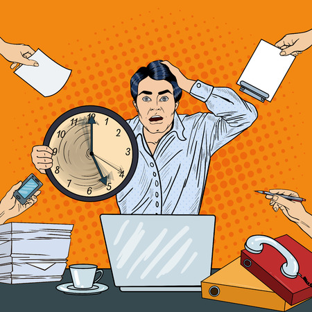 Stressed Pop Art Business Man Holding Big Clock at Multi Tasking Office Work Deadline. Vector illustrationのイラスト素材
