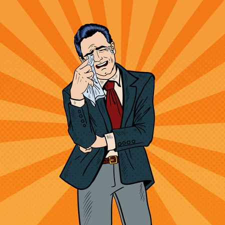 Pop Art Crying Businessman Wipes his Tears with a Handkerchief. Vector illustrationのイラスト素材