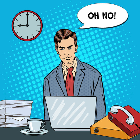 Pop Art Stressed Businessman with Laptop at Multi Tasking Office Work. Vector illustrationのイラスト素材