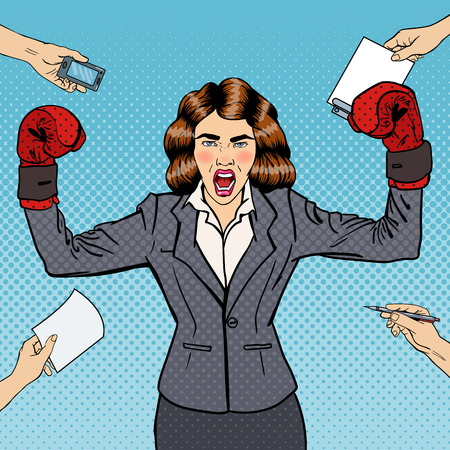 Pop Art Business Woman in Boxing Gloves at Multi Tasking Office Work. Vector illustrationのイラスト素材