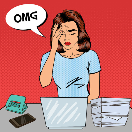 Pop Art Business Woman has a Headache at Office Multi Tasking Work. Vector illustrationのイラスト素材