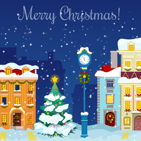 Merry Christmas Cityscape with Snowfall, Houses and Christmas Tree Greeting Card. Vector backgroundのイラスト素材