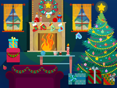 Merry Christmas Home Interior with Christmas Tree, Fireplace and Gifts. Vector Backgroundのイラスト素材