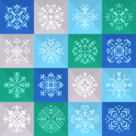 Pixel Christmas Snowflakes Set for Winter Holidays Decoration. Vector illustrationのイラスト素材