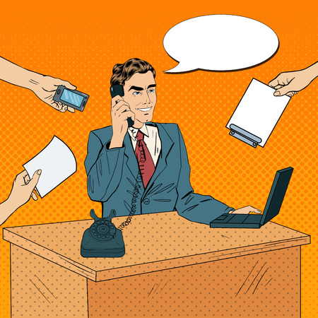 Pop Art Multi Tasking Busy Businessman with Laptop at Office Work. Vector illustrationのイラスト素材