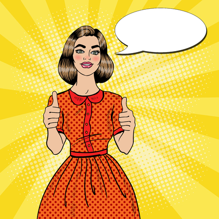 Pop Art Young Beautiful Woman Gesturing Great. Smiling Woman Showing Thumbs Up. Vector illustrationのイラスト素材