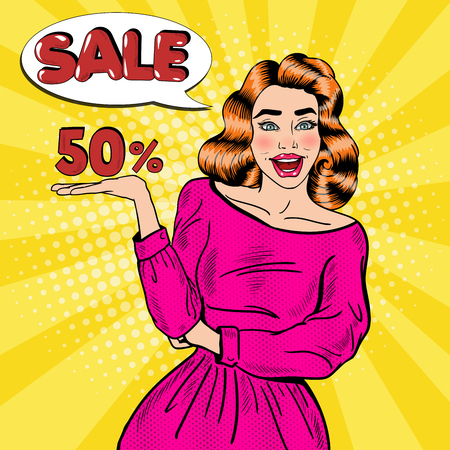 Pop Art Young Smiling Woman Advertising Sale. Vector illustrationのイラスト素材