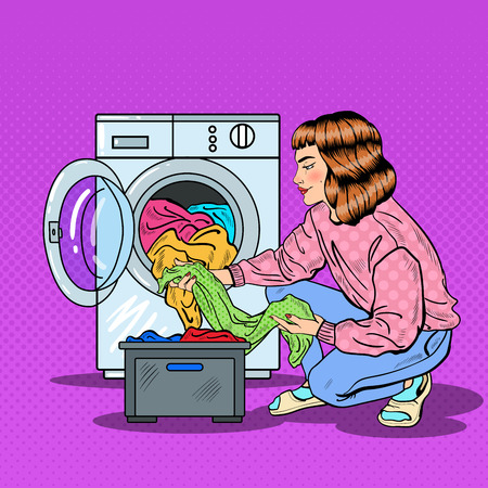 Pop Art Housewife Doing Laundry in Washing Machine. Vector illustrationのイラスト素材
