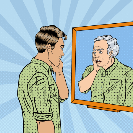 Pop Art Shocked Man Looking at Older Himself in the Mirror. Vector illustrationのイラスト素材