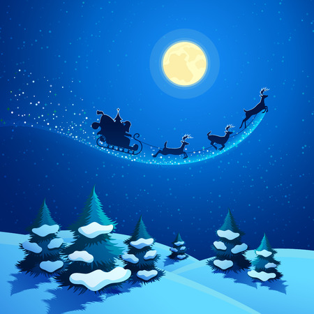 Merry Christmas Nature Landscape with Santa Claus Sleigh and Reindeers on the Moonlit Sky. Winter Holidays Greeting Card. Vector backgroundのイラスト素材