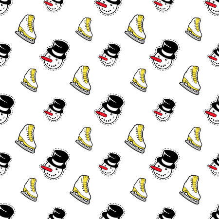Merry Christmas and Happy New Year Seamless Pattern with Snowman and Skates. Winter Holidays Wrapping Paper. Vector backgroundのイラスト素材