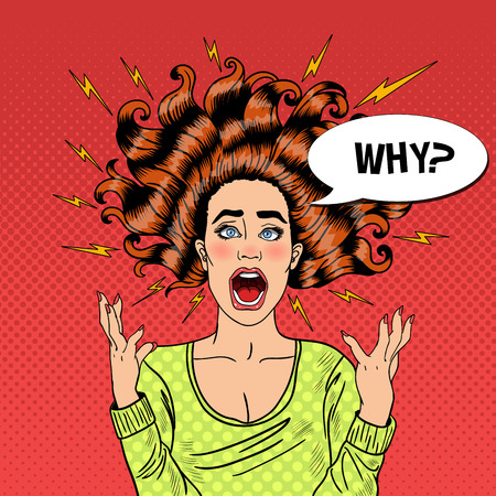 Pop Art Aggressive Furious Screaming Woman with Flying Hair and Flash. Vector illustrationのイラスト素材