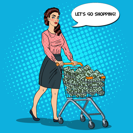 Pop Art Happy Rich Woman with Shopping Cart Full of Money. Vector illustrationのイラスト素材