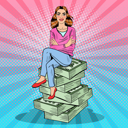 Pop Art Young Rich Woman Sitting on a Stack of Money. Vector illustrationのイラスト素材