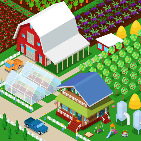 Isometric Rural Farm Agricultural Field with Greenhouse and Garden. Vector 3d flat illustrationのイラスト素材