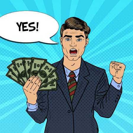 Pop Art Rich Businessman Holding Money Dollar Banknotes with Comic Speech Bubble. Vector Retro illustrationのイラスト素材
