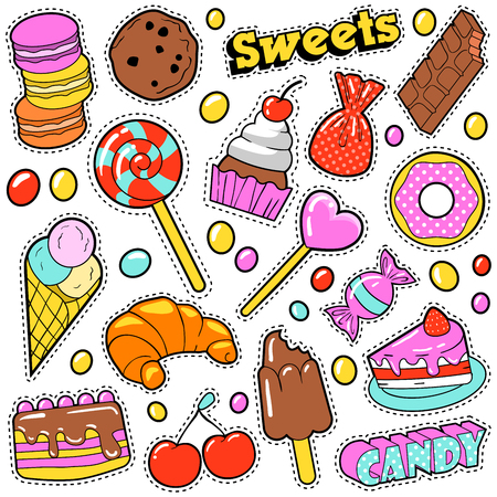 Sweet Food Badges Set with Patches, Stickers, Candies, Cakes, Ice Cream in Pop Art Comic Style. illustrationのイラスト素材