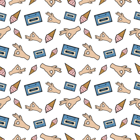 Hands OK Tape and Ice Cream Seamless Pattern. Fashion Background in Retro Comic Style. illustrationのイラスト素材