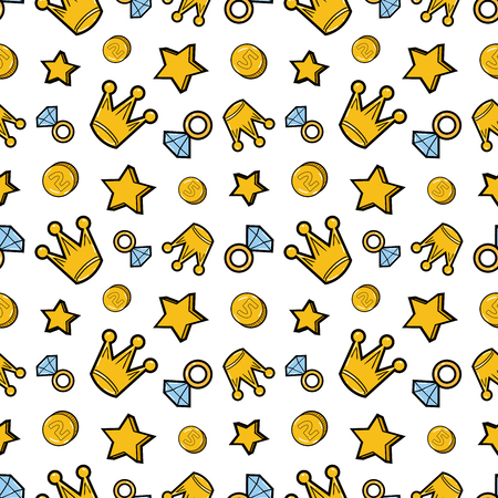 Crowns Diamonds and Money Seamless Pattern. Fashion Background in Retro Comic Style. illustrationのイラスト素材