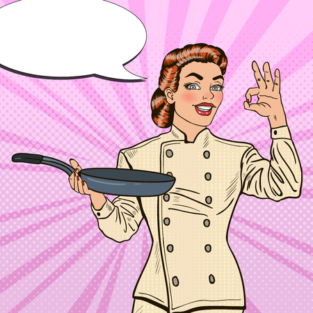 Pop Art Chef Smiling Woman in Uniform with Pan Showing OK Hand Sign. illustrationのイラスト素材