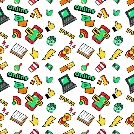 Social Networks Seamless Vector Background with Laptop Megaphone and Wireless Technologyのイラスト素材