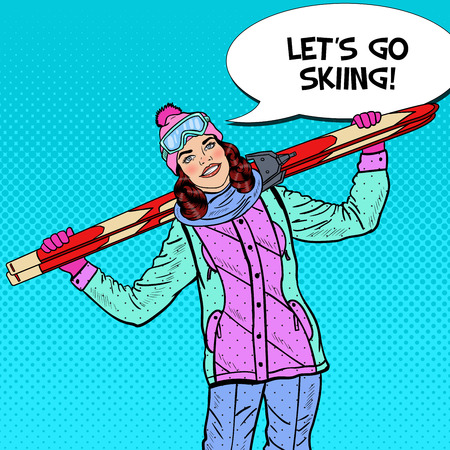 Pop Art Happy Woman with Ski on Winter Holidays. Vector illustrationのイラスト素材