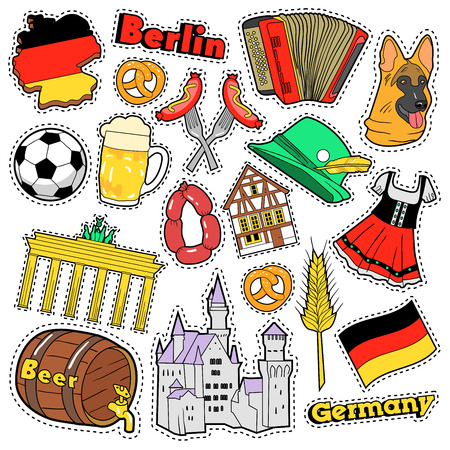 Germany Travel Scrapbook Stickers, Patches, Badges for Prints with Sausage, Flag, Architecture and German Elements. Comic Style Vector Doodleのイラスト素材