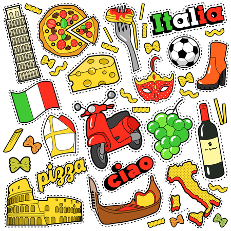 Italy Travel Scrapbook Stickers, Patches, Badges for Prints with Pizza, Venetian Mask, Architecture and Italian Elements. Comic Style Vector Doodleのイラスト素材