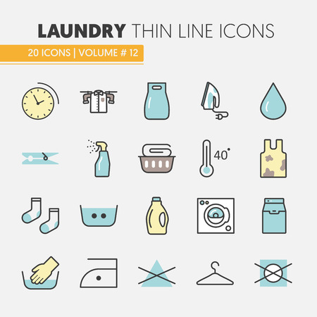 Laundry Service Thin Line Vector Icons Set with Laundrette Elementsのイラスト素材