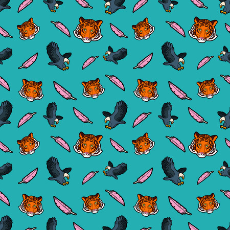 Fashion Seamless Comic Style Background with Tigers, Eagles and Pink Feathers. Vector Retro Pattern