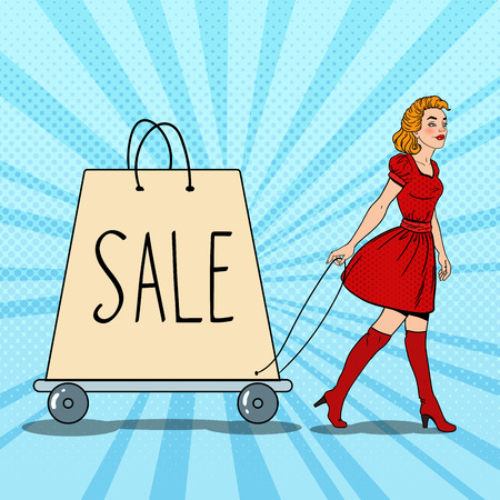 Pop Art Beautiful Woman with Giant Shopping Bag on Sale. Vector illustrationのイラスト素材