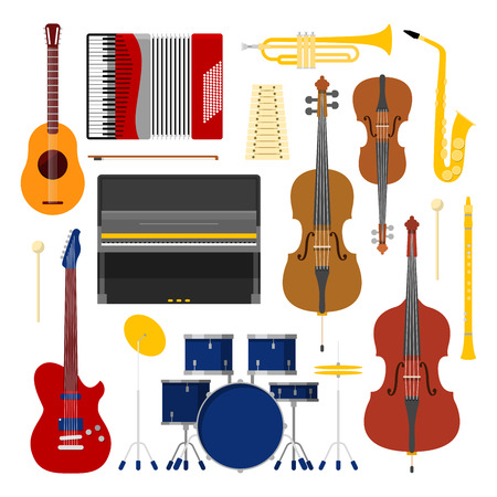 Music Instruments Set Icons Collection with Drum; Violin and Accordion. Vector illustrationのイラスト素材