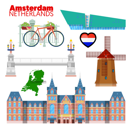 Amsterdam Netherlands Travel Doodle with Amsterdam Architecture, Bicycle and Flag. Vector illustrationのイラスト素材