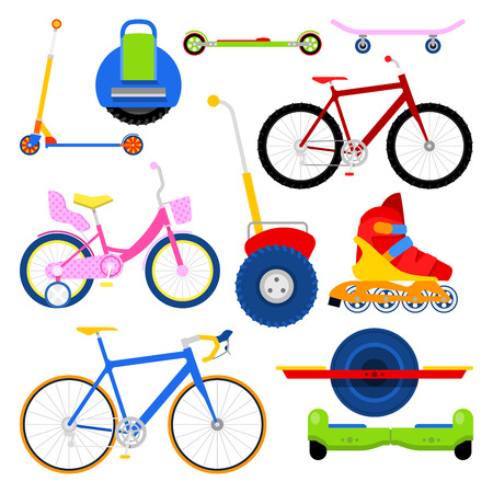 Modern City Transportation Set with Bikes, Roller Skates, Segway and Onewheel. Vector illustrationのイラスト素材