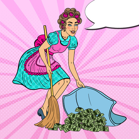 Pop Art Young Housewife Hiding Money Under the Rug. Vector illustrationのイラスト素材