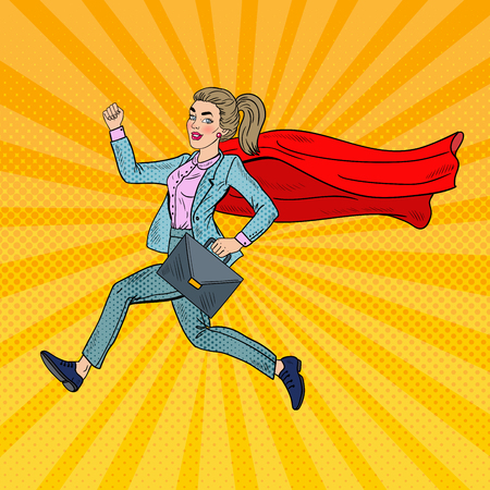 Pop Art Super Business Woman with Red Cape Running with Briefcase. Vector illustrationのイラスト素材