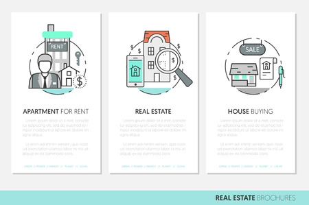 Real Estate Business Brochure Template with Thin Line Vector Iconsのイラスト素材