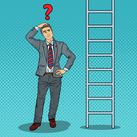 Pop Art Doubtful Businessman Looking Up at Ladder. Vector illustrationのイラスト素材