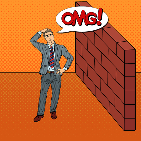 Pop Art Doubtful Businessman Standing in Front of a Brick Wall. Vector illustrationのイラスト素材