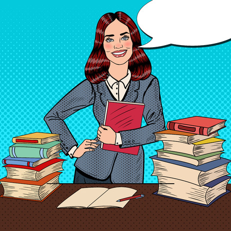 Pop Art Young Happy Woman with Book Standing in Front of Library Table. Vector illustrationのイラスト素材