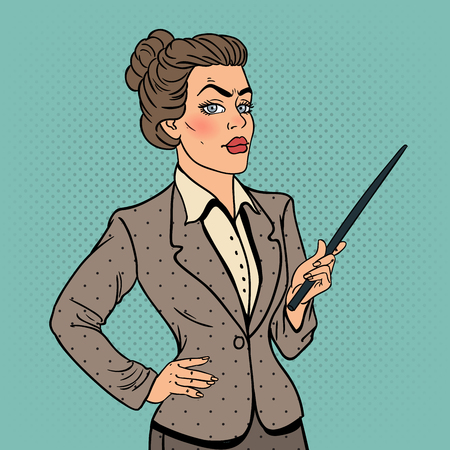 Pop Art Business Woman with Pointer Stick. Vector illustrationのイラスト素材
