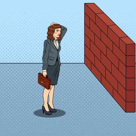 Pop Art Doubtful Business Woman Standing in Front of a Brick Wall. Vector illustrationのイラスト素材