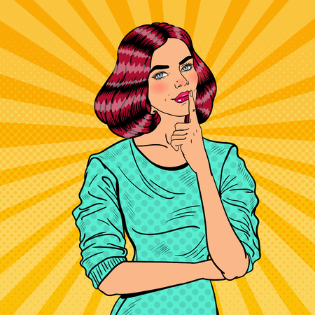 Pop Art Young Beautiful Woman Thinking. Vector illustrationのイラスト素材