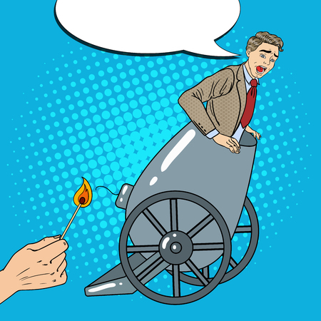 Pop Art Cannon Business Man Gets Fired. Vector illustrationのイラスト素材