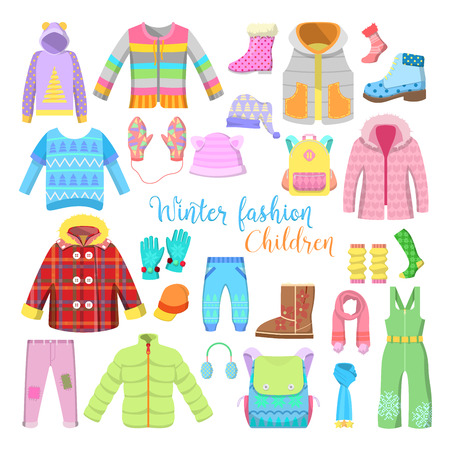 Children Winter Clothes and Accessories Collection with Jackets, Hats and Sweaters. Vector illustrationのイラスト素材