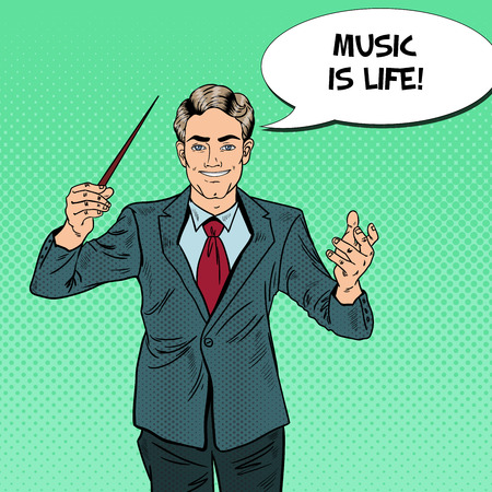 Pop Art Music Conductor Man with a Baton. Vector illustrationのイラスト素材