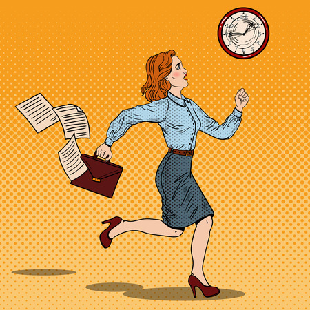Pop Art Business Woman with Briefcase Running to Work. Vector illustrationのイラスト素材