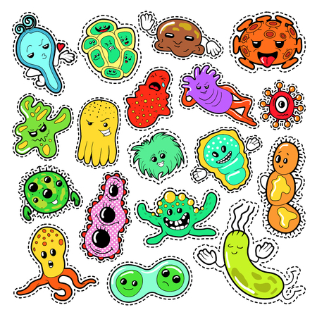Funny Characters Bacteria and Microbes Set for Stickers, Badges, Patches. Vector doodleのイラスト素材