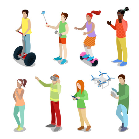 Isometric People with Modern Devices Segway, Drone, Gyroscooter and Virtual Reality Glasses. Vector 3d flat illustrationのイラスト素材