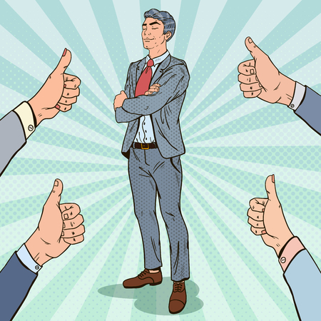 Pop Art Confident Businessman and Hands Showing Thumbs Up. Vector illustrationのイラスト素材